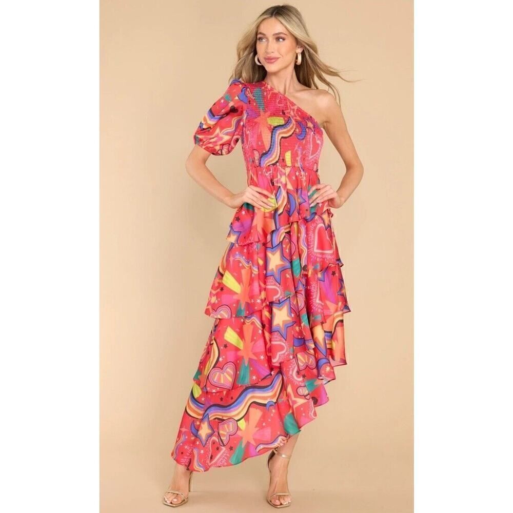 ALDEN ADAIR Stargazing Dress One Shoulder Red Print Asymetrical Satin NWT S